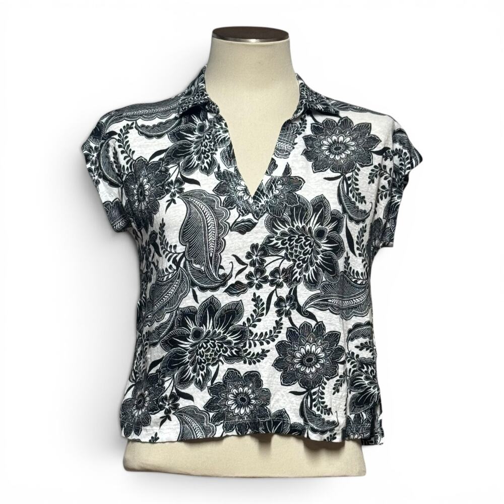 Rachel Zoe Linen Short Sleeve V-Neck Top Paisley Floral Black White Medium